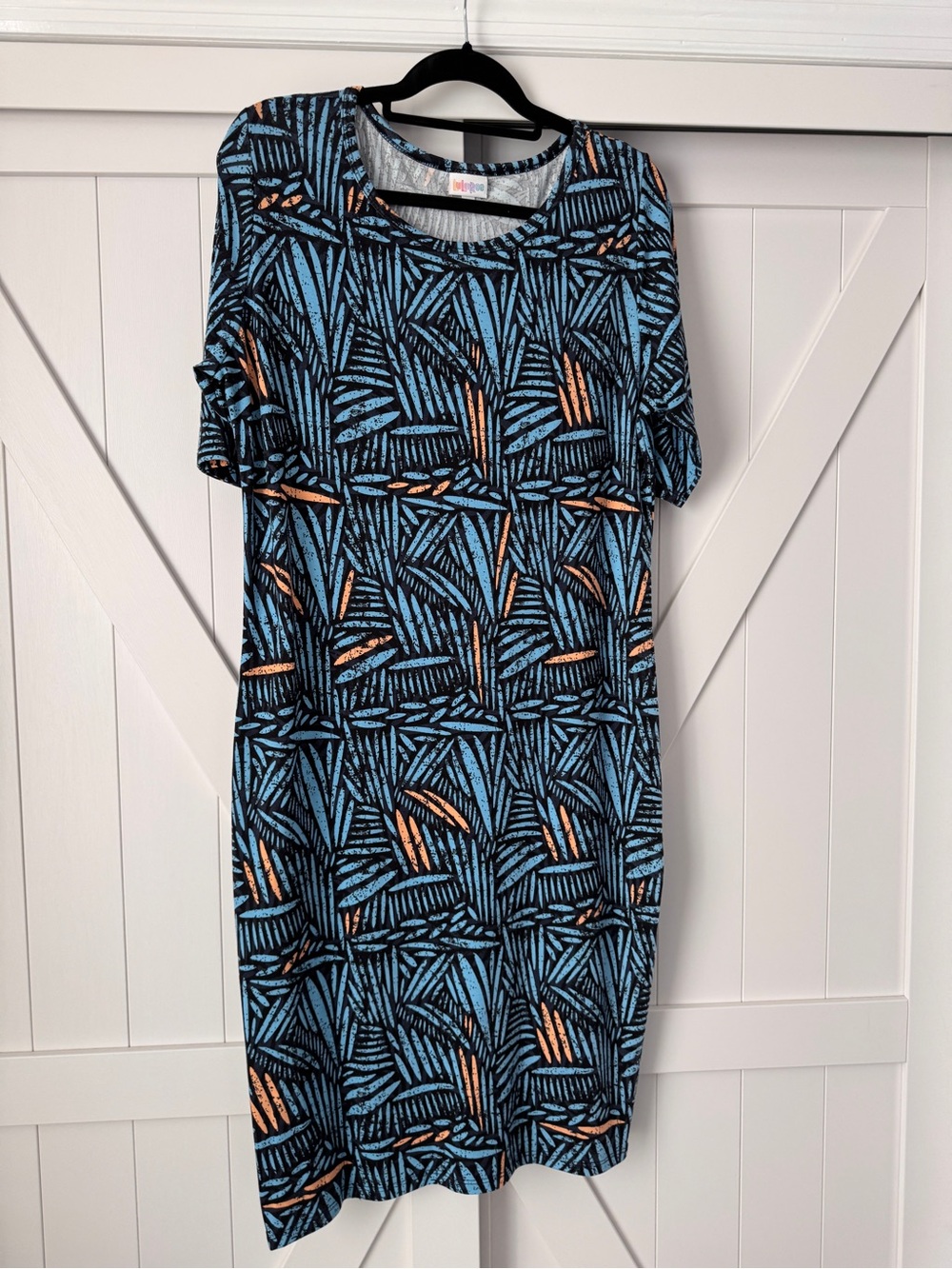 LuLaRoe Blue, Black & Peach Geometric Midi Dress